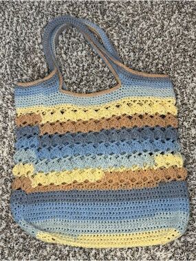 Handmade Crochet Tote Bag Blue Yellow Boho Knit Shoulder Bag Cottagecore